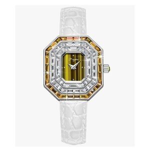 BNIB~Women's T-Engine Brown Crystal Sapphire Glass White Leather Strap Watch